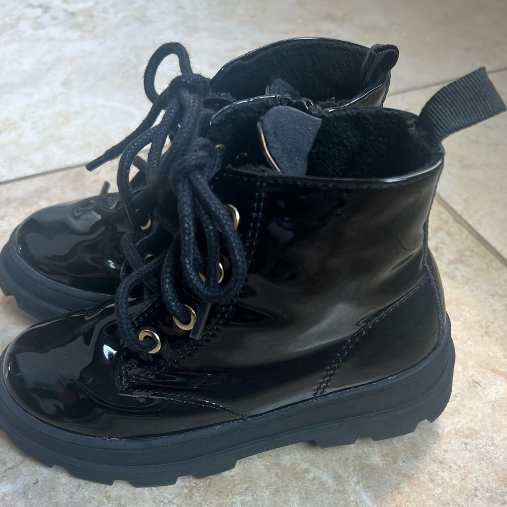 Kids Patent Black Combat Boots